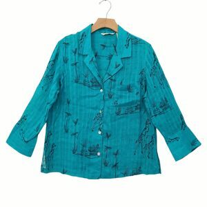French Laundry Shirt Woman Large Green Teal Linen Giraffes Long Sleeve Boxy